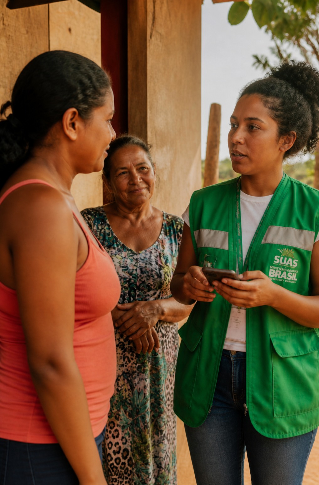 Analista social em diálogo com moradoras da comunidade